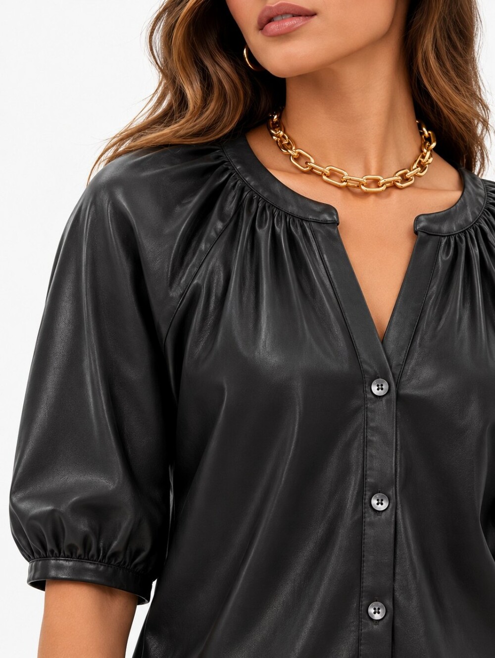 AVEC LES FILLES Black Faux Leather Button Front Blouse Top Size M